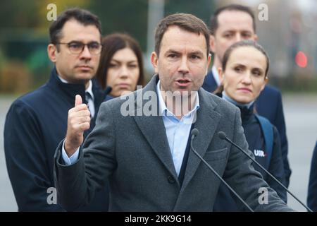 Bucharest, Romania - November 24, 2022: Catalin Drula, president of USR, holds a press conference presenting a critical report of the PSD-PNL-UDMR gov Stock Photo