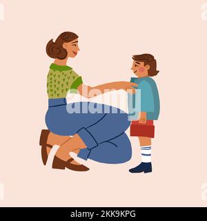 Mother helping son to get dressed. Mother and son illustration on light background. . Vector illustration Stock Vector