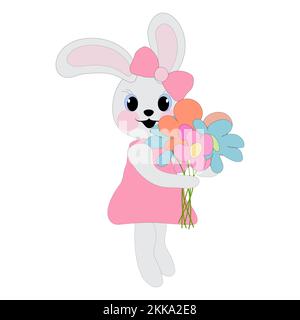 Bunny girl in a pink dress holding flowers in her paws. Symbol of 2023. Easter concept. Coloring book for children. Vector image. Stock Vector