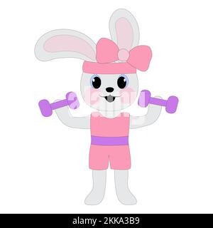 A bunny girl in a pink T-shirt, shorts and a bandage on her forehead goes in for sports with dumbbells in her paws. Symbol of 2023. The concept of a healthy lifestyle. Coloring book for children. Vector image. Stock Vector