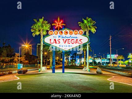 Las Vegas, USA - MAR 11, 2019: famous Las Vegas sign at city entrance, detail by night. Stock Photo