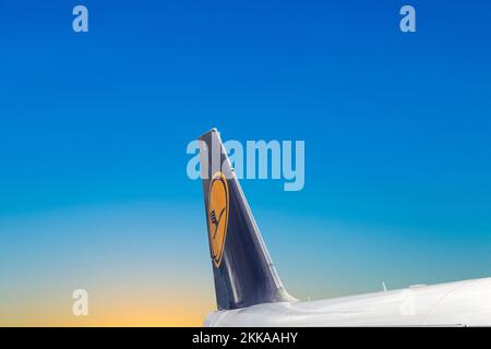 Frankfurt, Germany - March 9, 2020: Lufthansa aircraft at airport Frankfurt under blue sky. Stock Photo