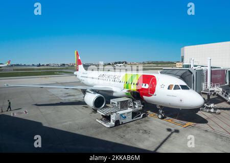 Lisbon, Portugal - March 9, 2020:  TAP aircraft at the gate ready for boarding at Lisbon airport Humberto Delgado. Stock Photo