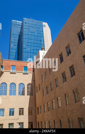 Phoenix, USA - June 14, 2012: new modern skyscraper in downtown Phoenix, mixed with historic brick skyscrapers, USA. Stock Photo