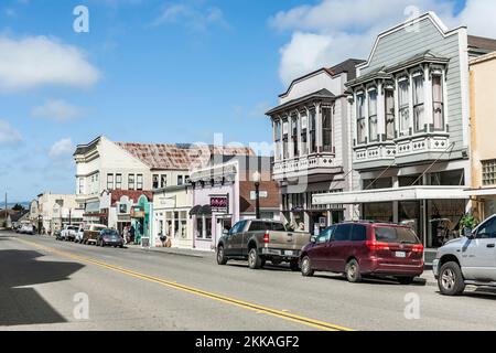 Ferndale, USA - June 18, 2012: Victorian storefronts in Ferndale, USA. The city shows dozens of well-preserved Victorian storefronts and homes. Stock Photo