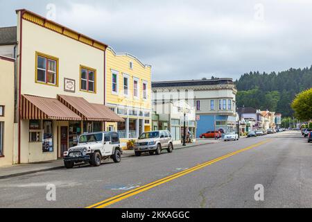 Ferndale, USA - June 18, 2012: Victorian storefronts in Ferndale, USA. The city shows dozens of well-preserved Victorian storefronts and homes. Stock Photo