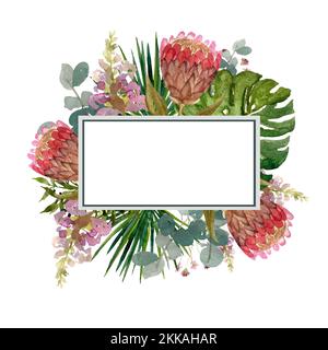 Frame flower protea palm horizontal a watercolor  Stock Photo