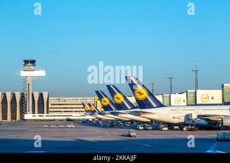 Frankfurt, Germany - July 17, 2014: Lufthansa fleet is grounded due to corona crises. The picture symbolizes grounded aircrafts at the gate. Stock Photo