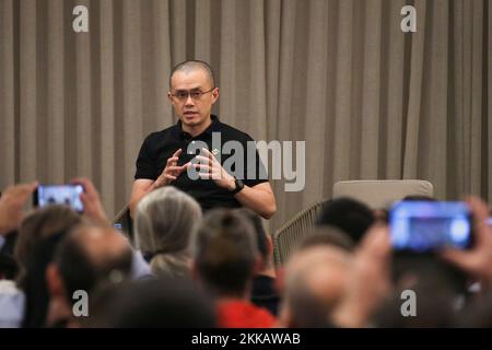 Zhao Changpeng, founder and chief executive officer of Binance speaks during an event in Athens, Greece, November 25, 2022. REUTERS/Costas Baltas