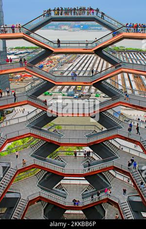 New York, USA - May 28, 2019: people enjoy the scenic view from the vessel at Hudson Yard. It was inaugurated in Mar 15, 2019. Stock Photo