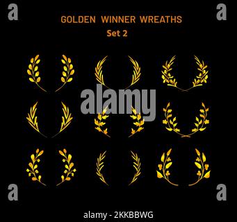 Fantasy golden victory award, doodle wreaths, crowns Stock Vector