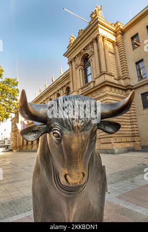 Frankfurt, Germany - July 23, 2019:  Bull and Bear Statues at the Frankfurt Stock Exchange in Frankfurt, Germany. Frankfurt Exchange is the 12th large Stock Photo