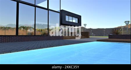 The wonderful blue surface of the water surface of the pool, which you want to swim right now. A wonderful project of a stylish house in the mountains Stock Photo