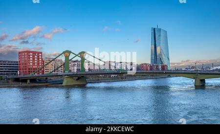 FRANKFURT, GERMANY - JAN 14, 2019:  The new seat of the European Central Bank in Frankfurt, Germany at river Main. Stock Photo