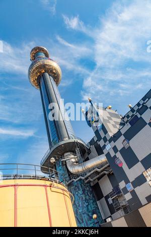 Vienna, Austria - Feb 16, 2019: Spittelau waste incineration plant of the city Vienna (in German Fernwarme Wien) designed by Hundertwasser. Stock Photo