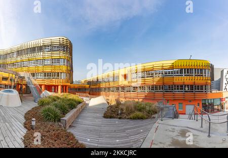 Vienna, Austria - FEB 18, 2019: WU (Wirtschaftsuniversität Wien ) University of Economics and Business campus building in Leopoldstadt district of Vie Stock Photo