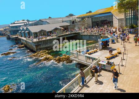 Monterey, USA - July 26, 2008: people enjoy the view to Monterrey aquarium and ocean at the sightseeing platform. Stock Photo