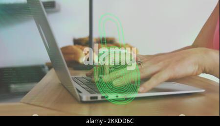 Image of biometric fingerprint padlock, data processing over woman using laptop Stock Photo