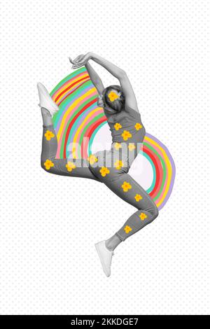 Creative photo artwork graphics collage of energetic flexible young girl dancing jumping high rainbows yellow flowers enjoy spring summer Stock Photo