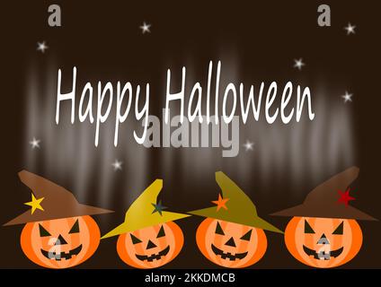 Happy Halloween text banner with Jack o Lanterns. Happy Halloween text and pumpkins on brown background. Stock Photo
