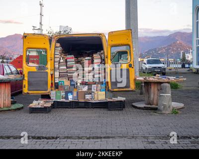 Batumi, Georgia. 11.15.2022 Mobile bookstore. Sale of old books. Books from the car. Lots of literature. Flea market. Stock Photo