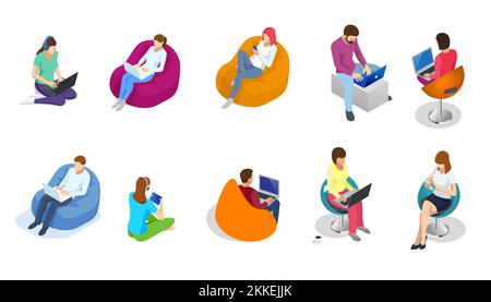 Different isomeric people icons set. Working at home, coworking space. Online meeting work form home Stock Vector