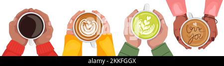 Banner made with woman and man hands holding coffee cups. Matcha latte. Cappuccino crema of heart shape. Top view. Flat cartoon vector illustration. V Stock Vector