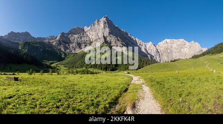 The morning panorama of north walls of Karwendel mountains - walls of Spritzkar spitze and Grubenkar spitze from Enger tall  - Grosser Ahornboden wall Stock Photo