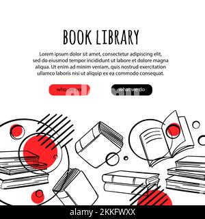 INTERNET LIBRARY BOOKSHOP CONCEPT Bookstore Online Home Education Hand Drawn Vector Banner With Text For Site Various Books For Learning Sketch In Doo Stock Vector