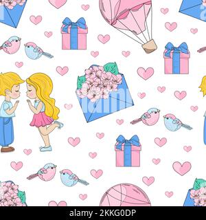 KISS PARTY Valentine Day Holiday Boy And Girl Children Cartoon Seamless Pattern Vector Illustration For Print Stock Vector