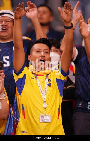 Doha, Qatar. 25th Nov, 2022. DOHA, QATAR - NOVEMBER 25: Supporters of Ecuador before the FIFA World Cup Qatar 2022 group A match between Netherlands and Ecuador at Khalifa International Stadium on November 25, 2022 in Doha, Qatar. (Photo by Florencia Tan Jun/PxImages) Credit: Px Images/Alamy Live News Stock Photo