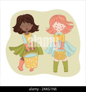 LABOR DAY Girlfriend Spring Season Garden Work Cartoon Hand Drawn Vector Illustration Set For Print Stock Vector
