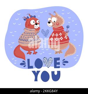 LOVE SQUIRREL Valentine Day Holiday Cartoon Animal Hand Drawn Flat Style Clip Art Vector Illustration Set For Print Stock Vector