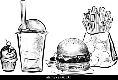 Big Hamburger or Cheeseburger, Cake, French Fries in a Paper Pack, Soda Cup with Straw and Lid. Isolated On a White Background. Realistic Doodle Carto Stock Vector