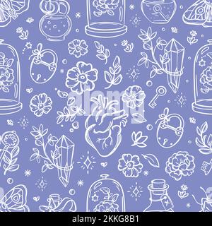 LOVE MAGIC Alchemic Marriage Potion Elements White On Blue Astrology Esoteric Occult Witchcraft Sketch Seamless Pattern Doodle Hand Drawn Magical Obje Stock Vector