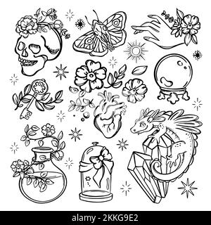 LOVE MAGIC SET Alchemic Monochrome Elements Halloween Astrology Esoteric Occult Witchcraft Sketch Doodle Hand Drawn Magical Object Symbols For Design Stock Vector