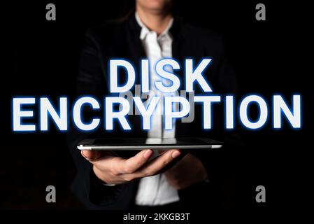 Sign displaying Disk Encryption. Business concept the security mechanism used to protect data at rest Stock Photo