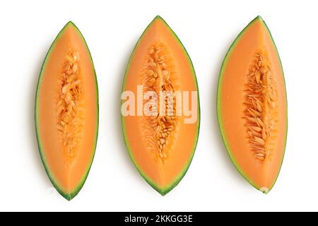 Cantaloupe melon pieces isolated on white background with full depth of field. Top view. Flat lay. Set or collection Stock Photo