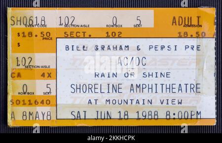 Mountain View, California - June 18, 1988 - Old used ticket for the concert of AC-DC at Shoreline Amphitheatre Stock Photo