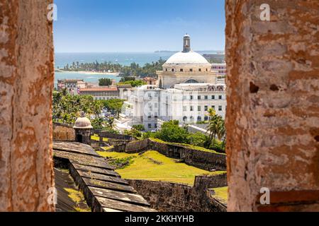 The Capitol Building seen from San Cristobal Castle in Old San Juan on the tropical Caribbean island of Puerto Rico, USA. Stock Photo