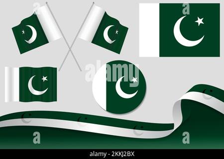 A set of illustrated Pakistan flags in different shapes and variations on a silver background Stock Vector