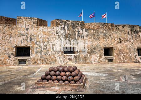 CAnon balls at San Cristobal Castle in Old San Juan, on the tropical Caribbean island of Puerto Rico, USA. Stock Photo