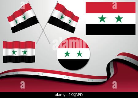 A set of illustrated Syria flags in different shapes and variations on a silver background Stock Vector