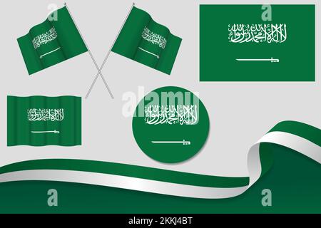 A set of illustrated Saudi Arabia flags in different shapes and variations on a silver background Stock Vector