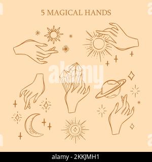 MAGIC HANDS Astrological Variations Symbol Set For Tarot Card Occult Esoteric Witchcraft Hand Drawn Alchemist Objects Halloween Sketch Design Collecti Stock Vector