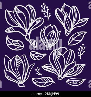 MAGNOLIA SET Floral Openworks Of Flowers Monochrome Silhouettes Of White Flowers And Leaves On Dark Blue Background Sketch Clipart Vector Illustration Stock Vector