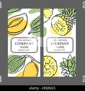 MANGO PINEAPPLE LABELS Design Of Stickers For Shop Of Organic Natural Fruits And Dessert Drink Products In Sketch Style Vector Illustration Set For Pr Stock Vector
