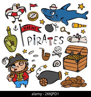 MARINE PIRATES And Shark Hand Drawn Cartoon Corsair Skull Golden Coins Treasure Text Stickers Clipart Sea Attributes Objects Vector Illustration Set F Stock Vector