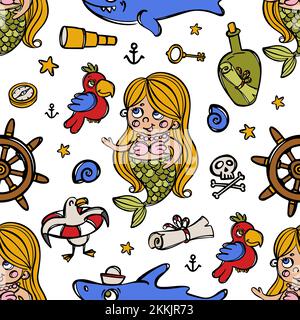 MERMAID AND ANIMALS Corsair Theme With Shark And Parrot Sea Cartoon Hand Drawn Seamless Pattern Vector Illustration On White Background With Travel At Stock Vector