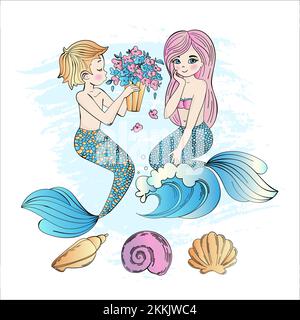 MERMAID BOUQUET Sea Underwater Princess Girl Party Ocean Cartoon Clip Art Vector Illustration Set For Print Stock Vector